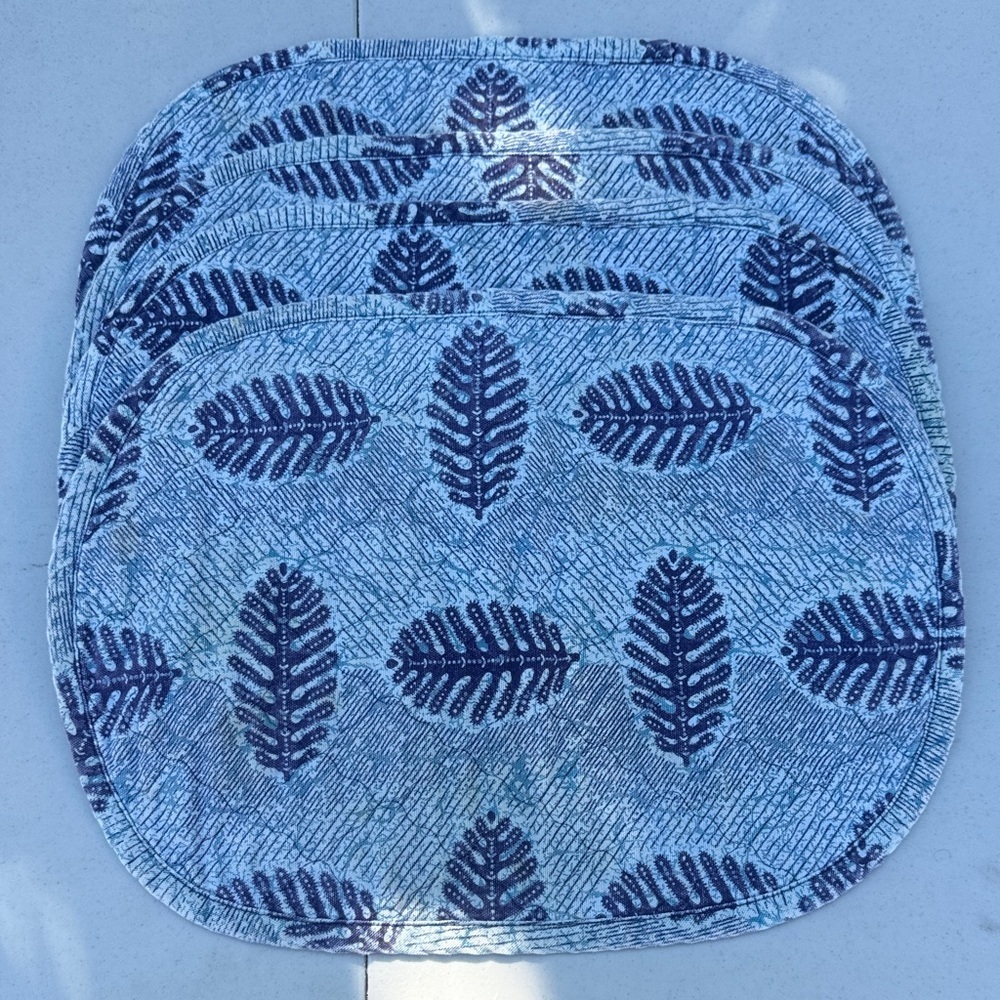 Pier 1 Blue Leaf Patterned Quilted Placemats, Set of 4, 100% Cotton